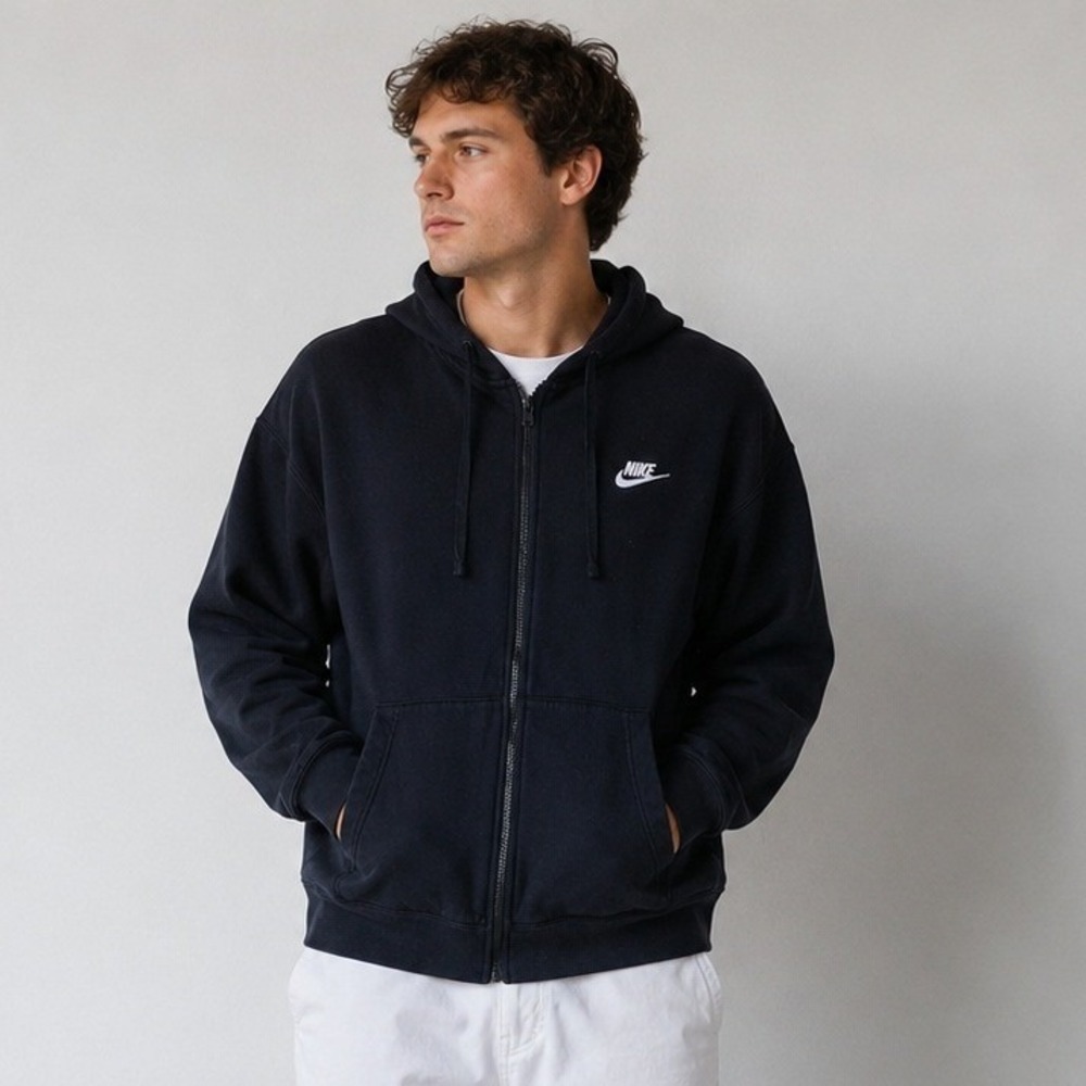Nike Mens XXL Black Full Zip Fleece Hoodie Embroidered Swoosh Logo Sportswear